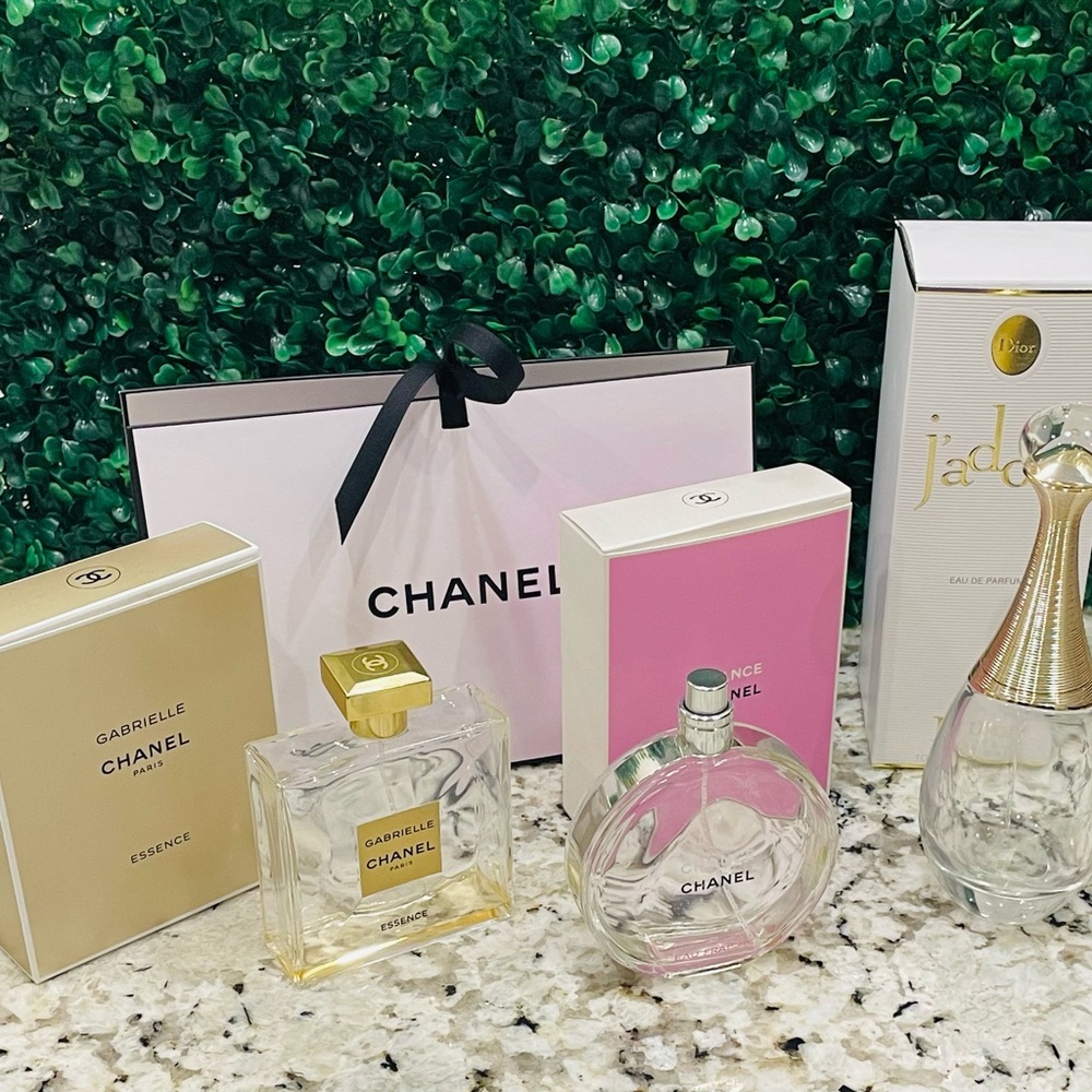 Designer gift bag, bottle and box bundle. Chanel and Christian Dior